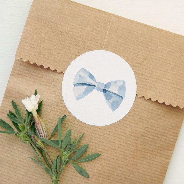 Blue Bowtie Boy Baby Shower Classic Round Sticker (Creator Uploaded)