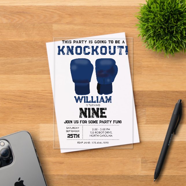 Blue Boxing Gloves Kids Birthday Party Knockout Acrylic Invitations (Insitu (Invitation Card))