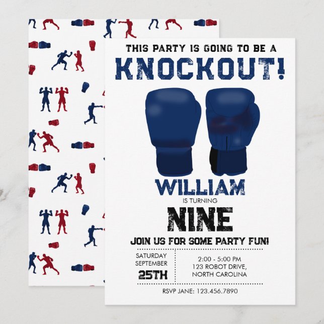 Blue Boxing Gloves Kids Birthday Party Knockout Invitation (Front/Back)