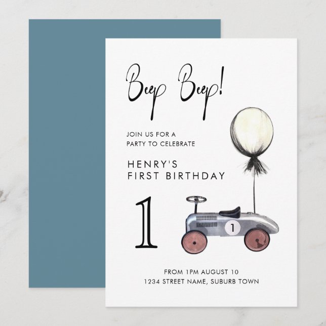 Blue Boy 1st Birthday Vintage Race Car  Invitation (Front/Back)