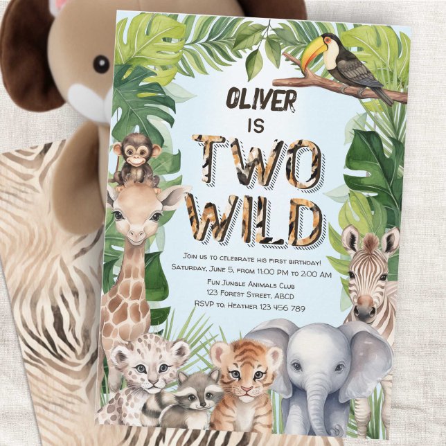 Blue boy 2nd birthday Two Wild Safari Themed Invitation (Blue Two Wild Boy 2nd Birthday Invitation, Safari Themed Jungle animals birthday invite.)