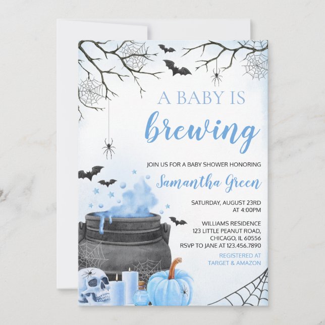 Blue Boy A Baby is Brewing Halloween Baby Shower Invitation (Front)