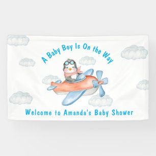 Blue Boy Baby Shower Aeroplane Penguin Banner