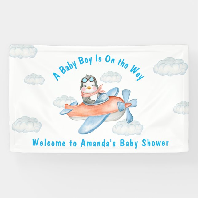 Blue Boy Baby Shower Aeroplane Penguin Banner (Horizontal)