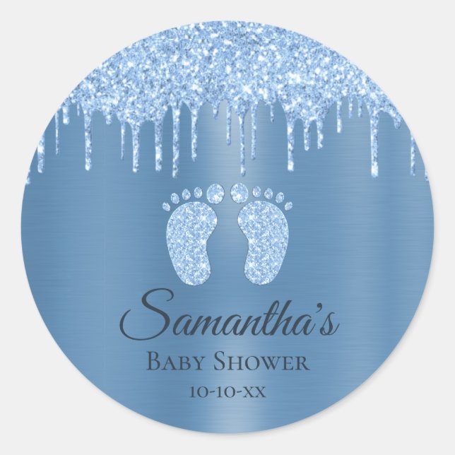 Blue Boy Baby Shower Baby Feet Glitter Classic Rou Classic Round Sticker (Front)