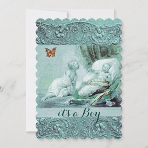 BLUE BOY BABY SHOWER,BUTTERFLY,FLORAL SWIRLS INVITATION
