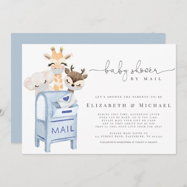 Blue Boy Baby Shower By Mail Masked Baby Animals  Invitation (Front/Back)