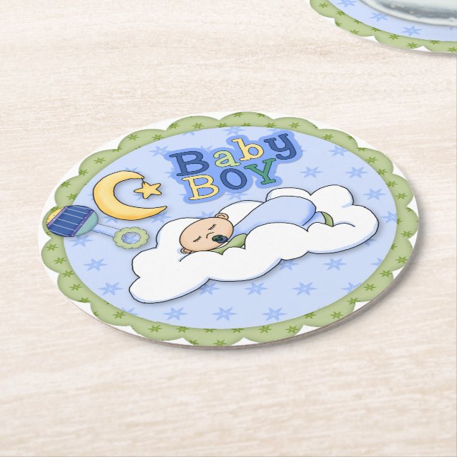 Blue Boy Baby Shower Design Paper Coasters (Angled)
