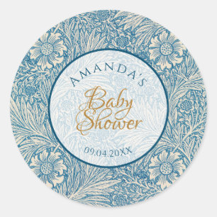 Blue Boy Baby Shower Floral Script Marigold Morris Classic Round Sticker