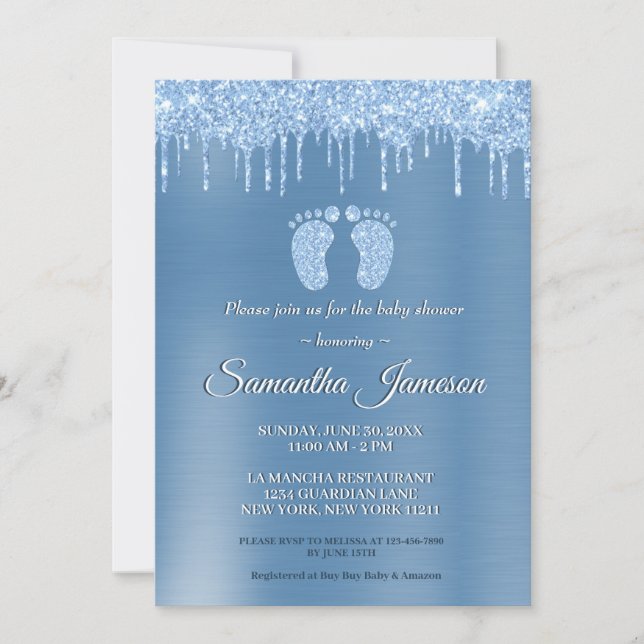 Blue Boy Baby Shower Glitter Drip Baby Feet Invita Invitation (Front)