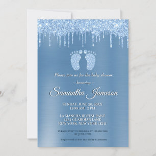 Blue Boy Baby Shower Glitter Drip Baby Feet Invita Invitation
