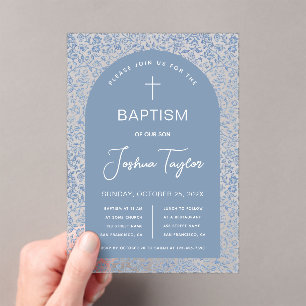 Blue Boy Baptism Arch Floral Pattern Christening Acrylic Invitations