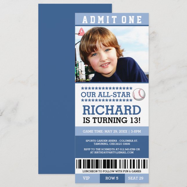 Blue Boy Baseball Ticket Birthday Invites (Front/Back)