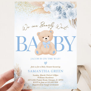 Blue Boy Bear Boho Baby Shower Invitation