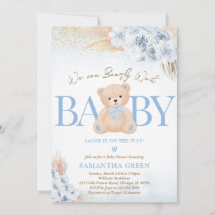 Blue Boy Bear Boho Baby Shower Invitation
