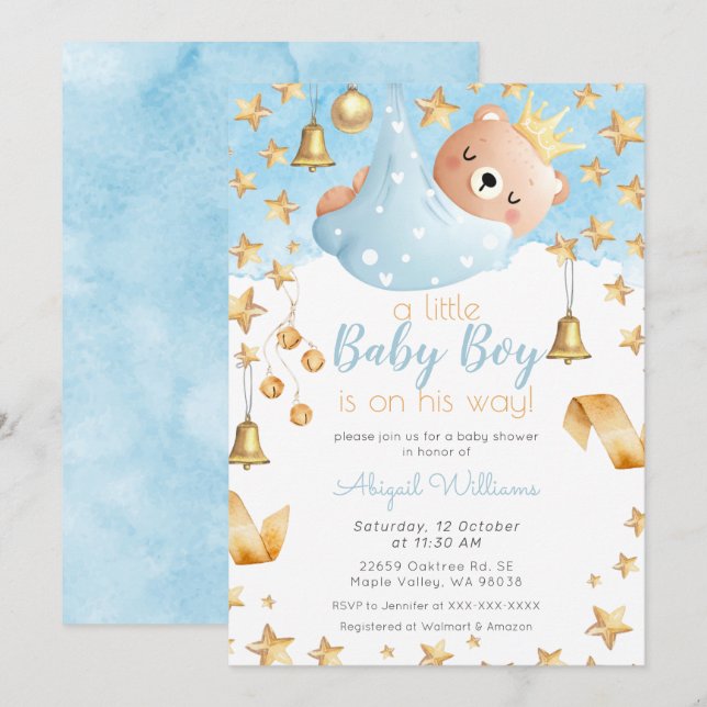 Blue Boy Bear on His Way, Gold Stars Baby Shower Invitation (Front/Back)