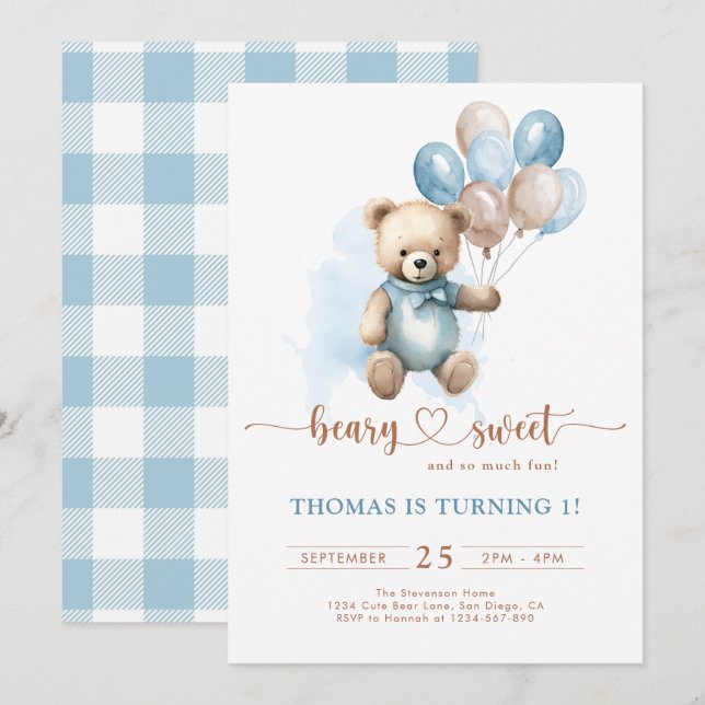 Blue Boy Beary Sweet 1st Birthday Plaid Teddy Bear Invitation (Front/Back)