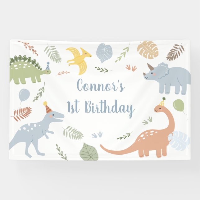 Blue Boy Boho Dinosaur Birthday Banner (Horizontal)