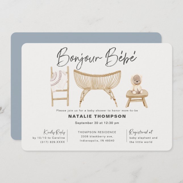 Blue Boy Bonjour Bebe Baby Shower Invitation (Front/Back)