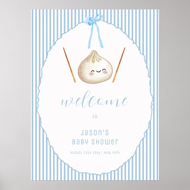 Blue Boy Bow Asian Dumpling Baby Shower Welcome  Poster (Front)