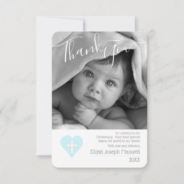 Blue Boy Christening Baptism Photo Thank You Card (Front)