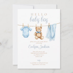 Blue Boy Clothesline Baby Shower Photo QR Code Invitation