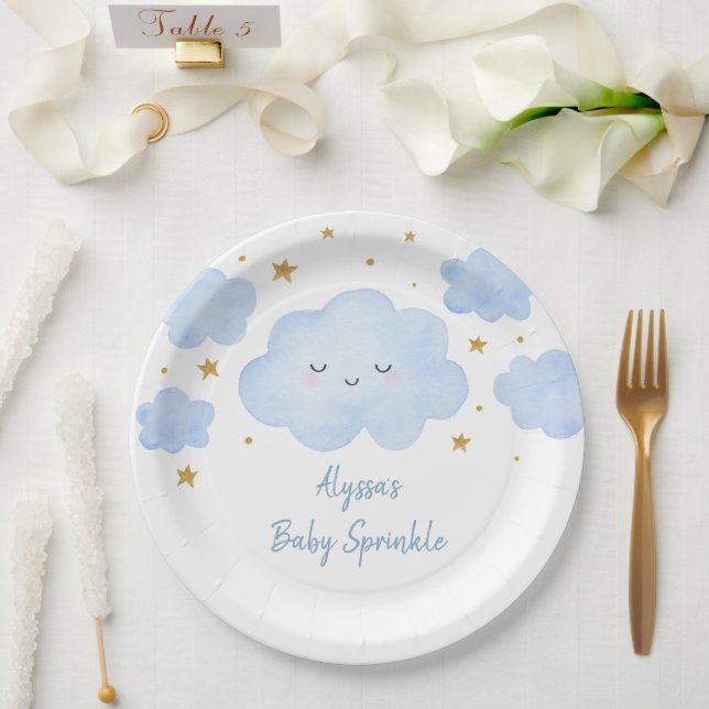 Blue Boy Cloud Stars Baby Sprinkle Paper Plate (Wedding)