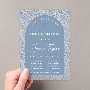 Blue Boy Confirmation Arch Floral Pattern Script  Acrylic Invitations