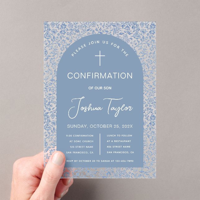  Blue Boy Confirmation Arch Floral Pattern Script  Acrylic Invitations (Insitu (Handheld))