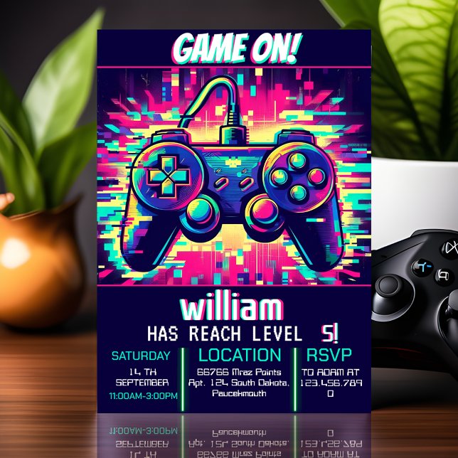 blue boy cool kids gaming level up 5th birthday invitation (Creator Uploaded)
