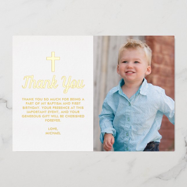 Blue Boy Cross Photo Baptism Thank You Card (Front)