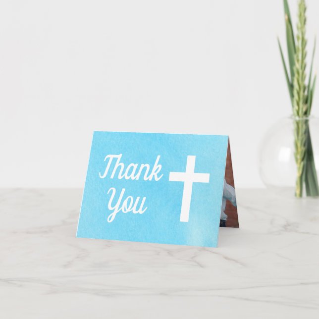 Blue Boy Cross Photo Baptism Thank You Card (Front)