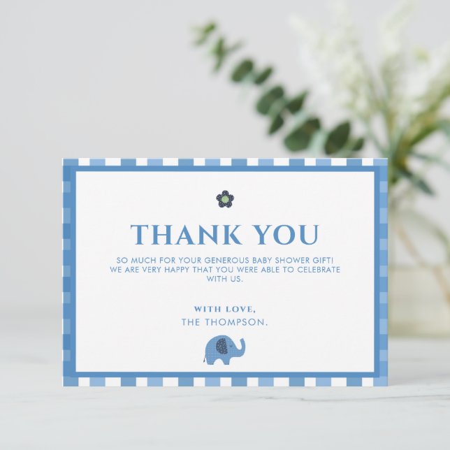 Blue Boy Cute Elephant Thank You Baby Shower Card (Standing Front)