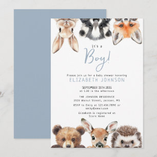 Blue Boy Cute Forest Woodland Animals Baby Shower Invitation