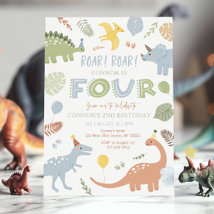 Blue Boy Dinosaur 4th Birthday Invitation