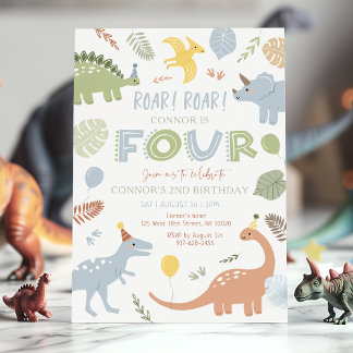 Blue Boy Dinosaur 4th Birthday Invitation