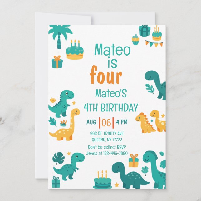 Blue Boy Dinosaur 4th Birthday Invitation (Front)