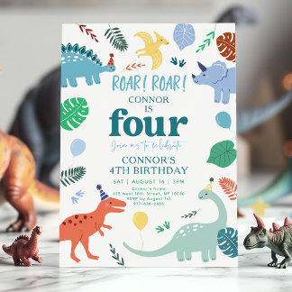 Blue Boy Dinosaur Boho 4th Birthday Invitation