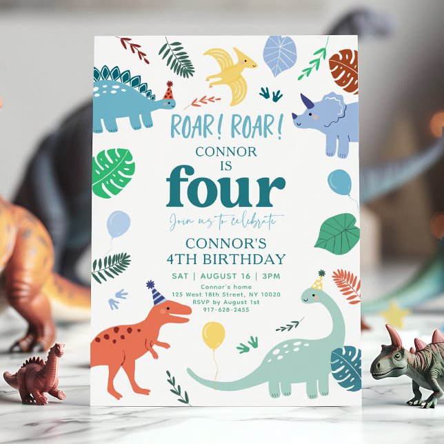Blue Boy Dinosaur Boho 4th Birthday Invitation (Creator Uploaded)