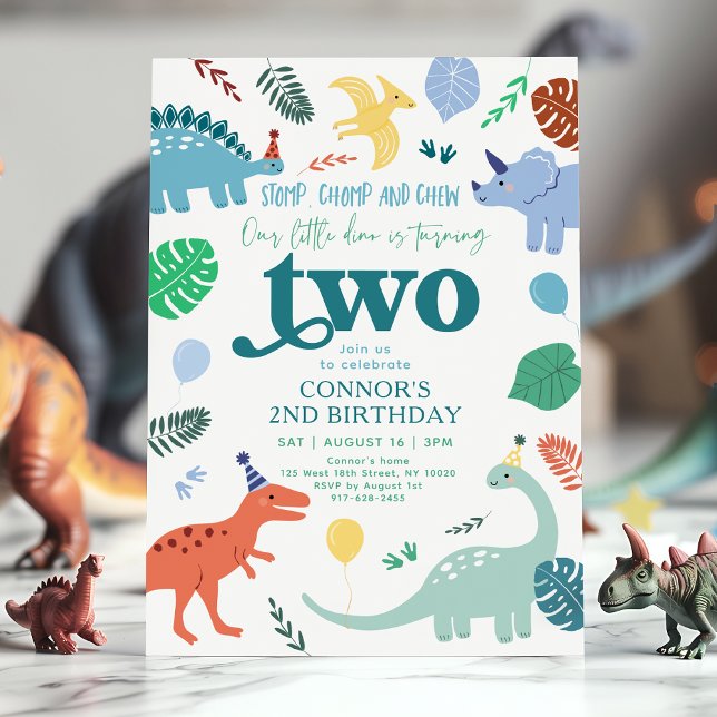 Blue Boy Dinosaur Leaves 2nd Birthday Invitation (Creator Uploaded)