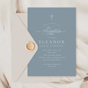 Blue Boy Elegant Cross Calligraphy Baptism Invitation
