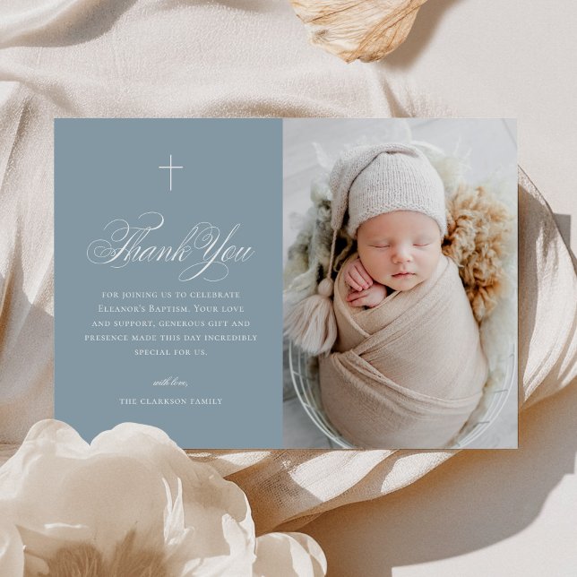 Blue Boy Elegant Cross Calligraphy Photo Baptism Thank You Card (Creator Uploaded)