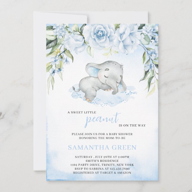 Blue Boy Elephant Baby Shower Invitation (Front)