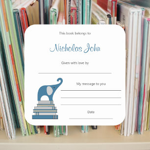Blue Boy Elephant on Books book plate  Square Sticker
