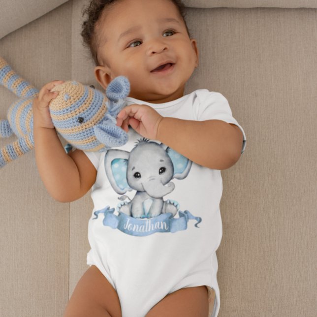 Blue Boy Elephant Personalized name Baby Bodysuit (Creator Uploaded)