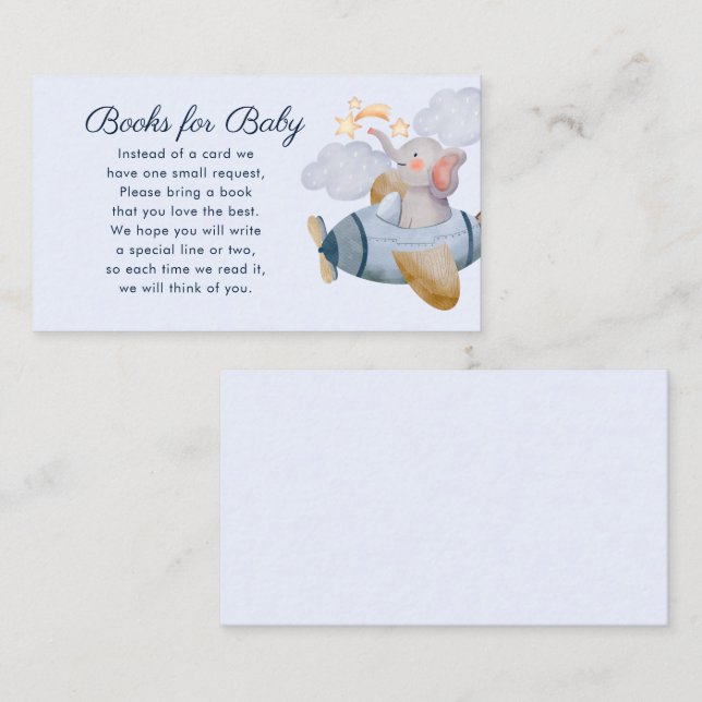 Blue Boy Elephant Plane Books for Baby Baby Shower Enclosure Card (Front/Back)