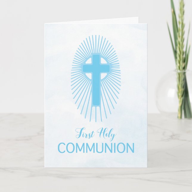 Blue Boy First Holy Communion Cross Host Rays Card (Front)