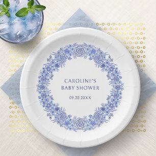Blue Boy Floral Baby Shower Paper Plate