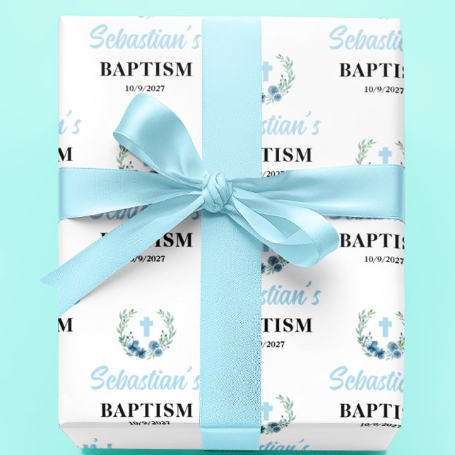 Blue Boy Floral Baptism Wrapping Paper (Creator Uploaded)