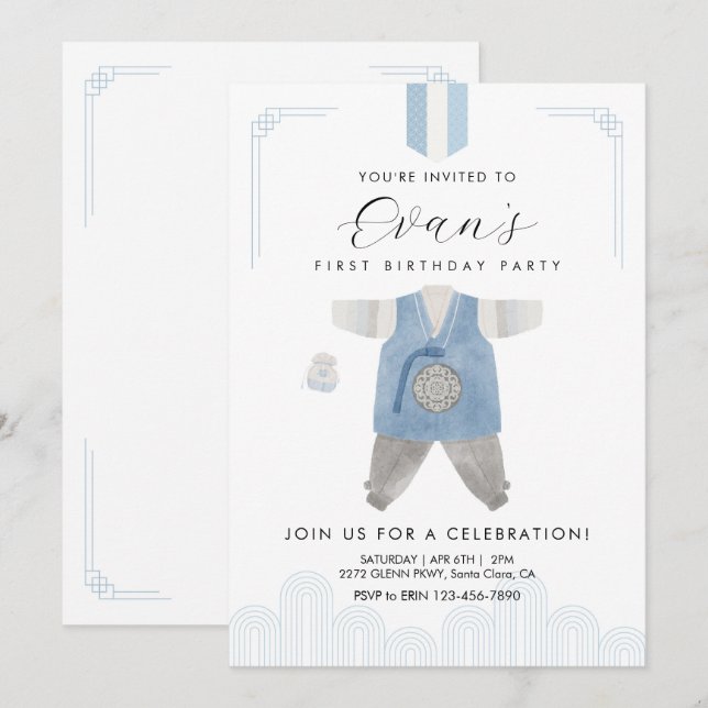 Blue Boy Hanbok Doljanchi the first birthday  Invitation (Front/Back)